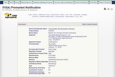 BABIO Secures US FDA DX (k) Clearance ad De Viris Illustribus Transport Kit (Non inactivating)